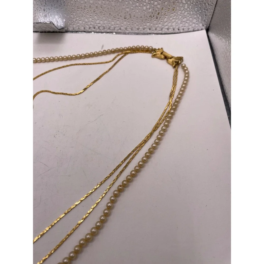 Vintage Crown Trifari© Gold Tone & Faux Pearl‎ Triple Strand Necklace 27